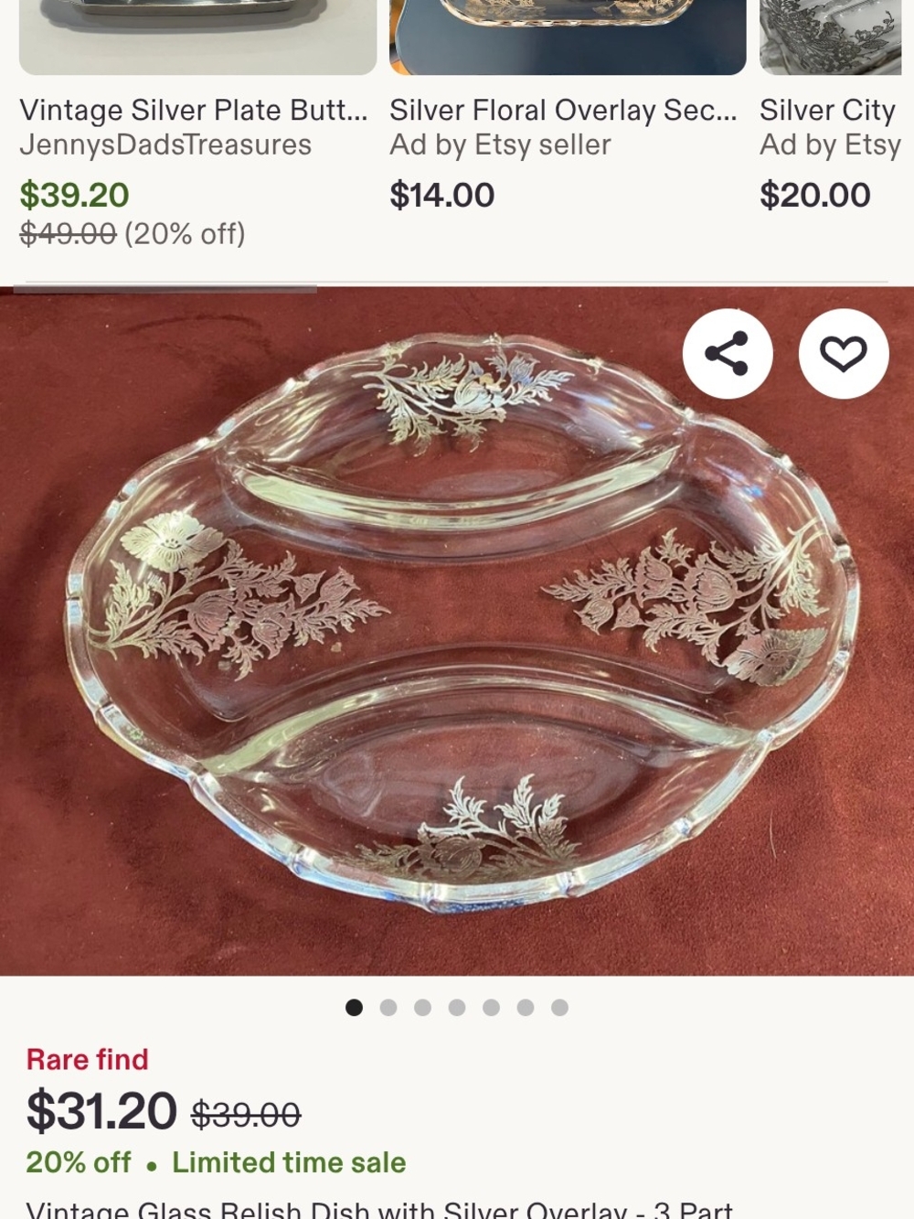 Vintage Glass Relish Dish with Silver Overlay - 3 Part Condiment Server - Picture 5 of 5